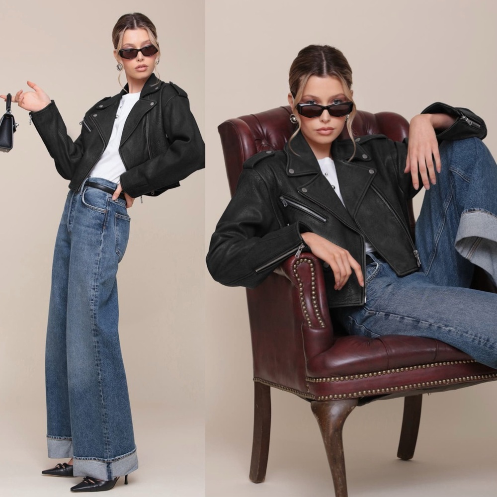 Avec Les filles cropped genuine leather biker jacket